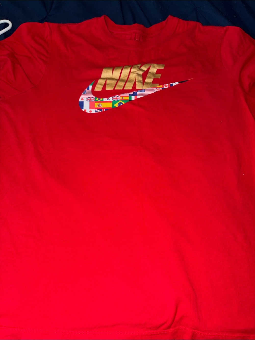 Nike Red Short Sleeve Tee with Gold and Multicolor Flag Swoosh